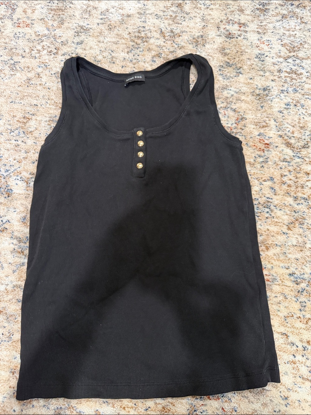 Anine Bing Black Ribbed Tank with Gold Button Detail